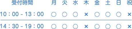 受付時間：木曜・祝日を除く10：00～13：00　14：30～19：00